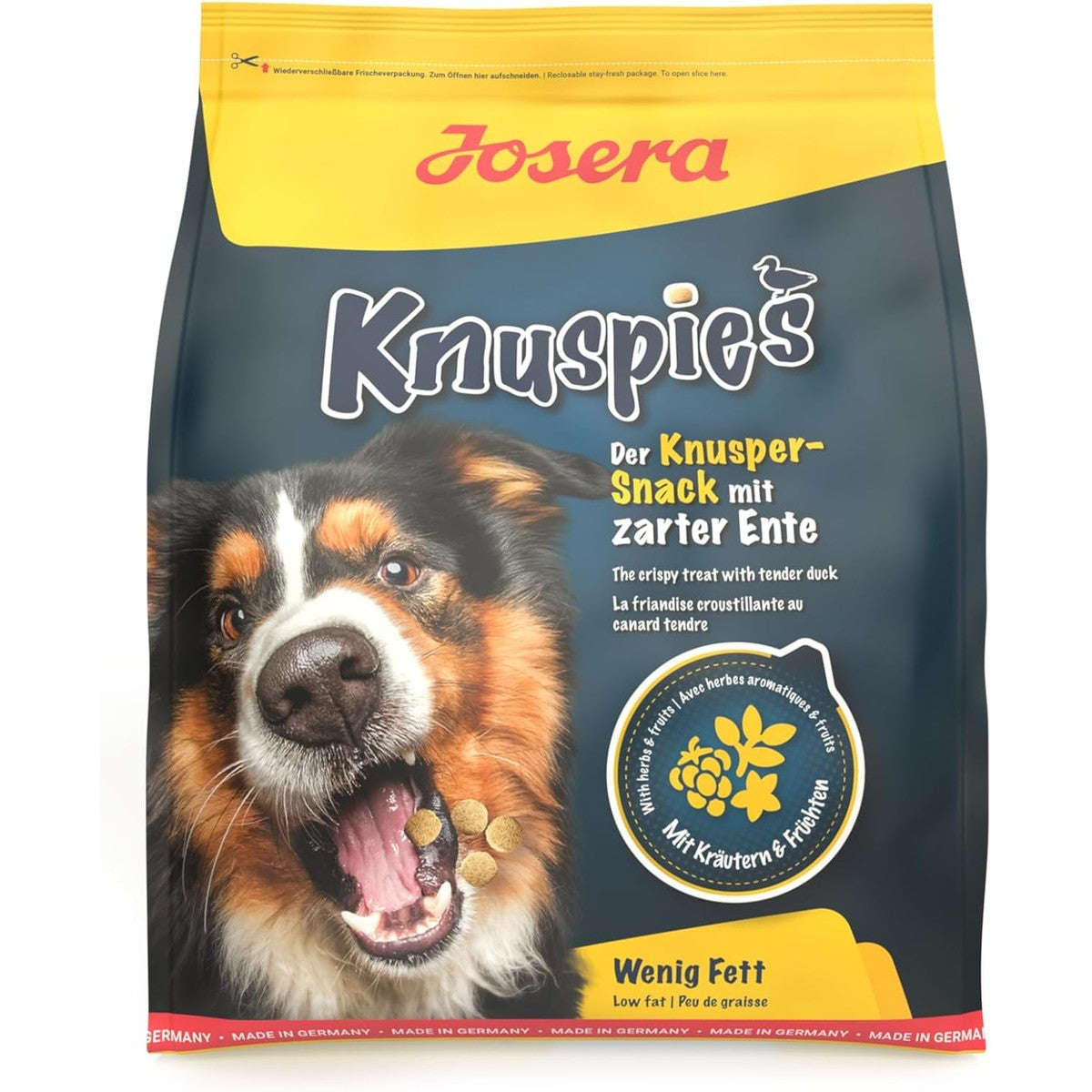 JOSERA Knuspies met eend smakelijke hondenlekkernijen met laag vetgehalte, per stuk verpakt (1 x 900 g) | Adult | Fijne hondenlekkernijen - ook als beloningssnack | gevogelte en eend | met kruiken en fruit | tarwevrij – Josera