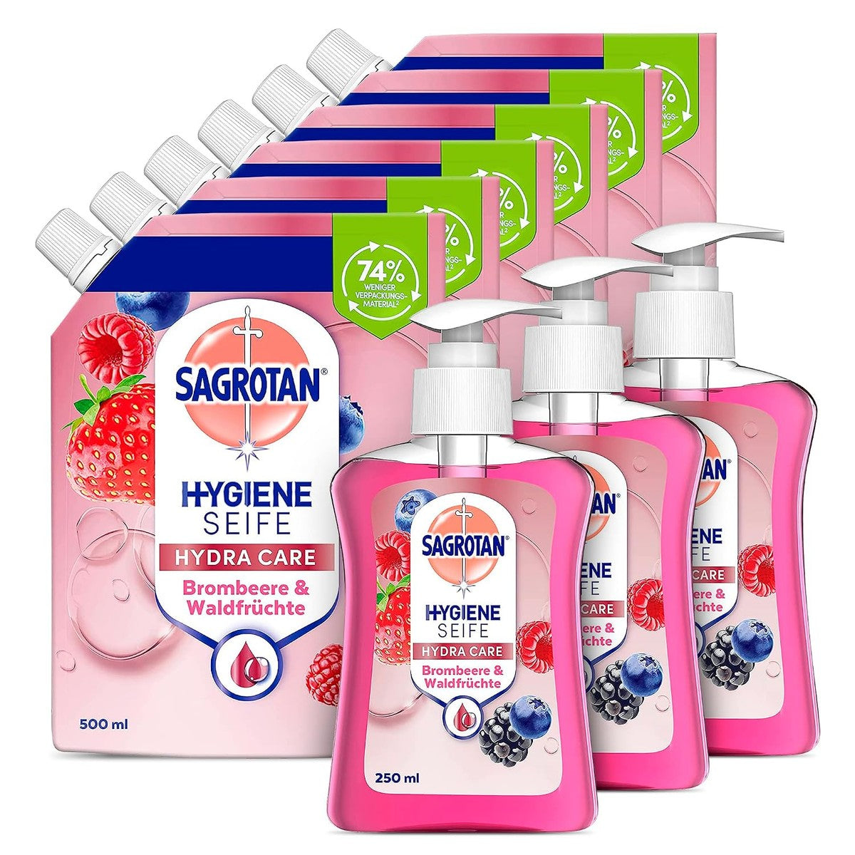 Sagrotan Handzeep, bramen en bosvruchten, vloeibare zeep (3 x 250 ml) + handzeep, navulling (met frisse geur van bramen en bosvruchten, vloeibare zeep) (6 x 500 ml) – Sagrotan
