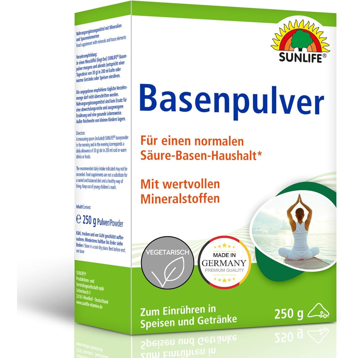 SUNLIFE Basenpoeder, 1 x 250 g, voorraadverpakking voor ontzuring en zuur-basebalans, hoogwaardig mineraalpoeder met magnesium, calcium en zink, smaakneutraal basepoeder voor stofwisseling – Sunlife