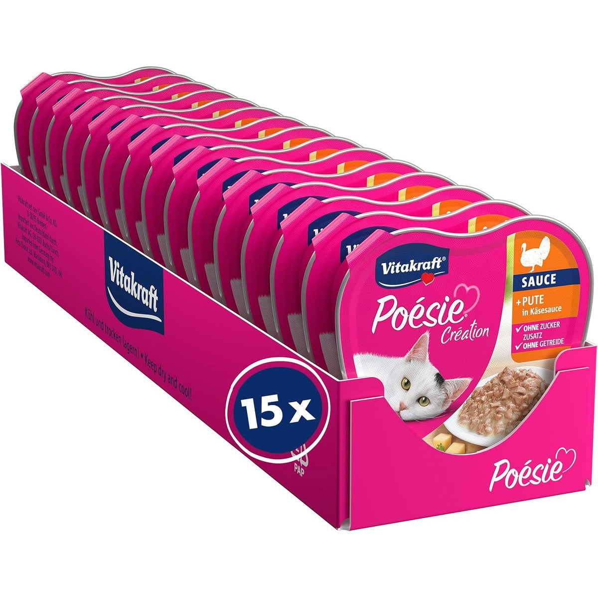 Vitakraft Poésie Création, natvoer voor katten, nat kattenvoer in saus, met kalkoen in kaassaus, voorraadverpakking, zonder toegevoegde suiker en granen (15 x 85 g) – Vitakraft