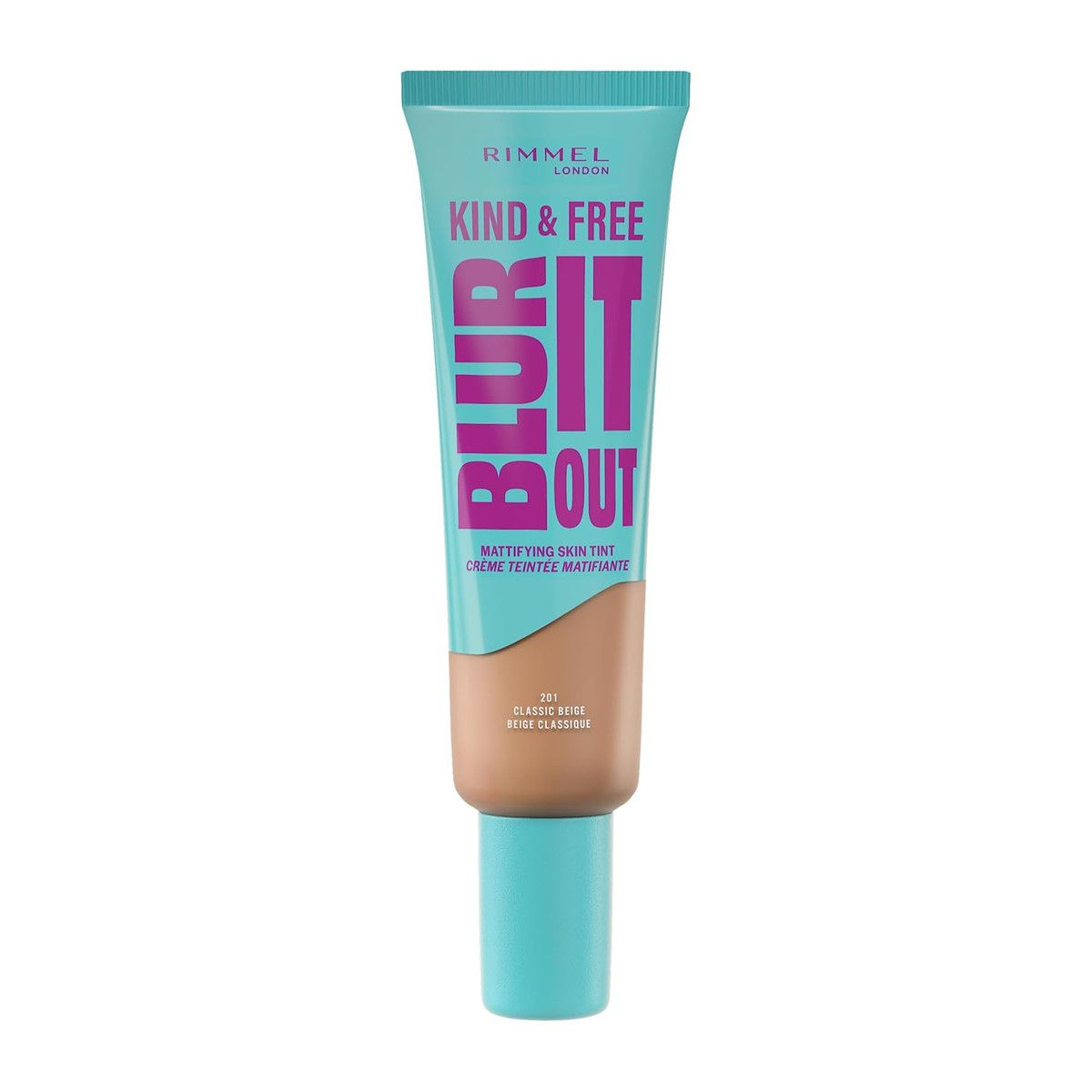 Rimmel London Kind & Free BLUR IT OUT Matte Foundation 201 Classic Beige, controle over de hele dag glanseffect, lichte matte afwerking, 30 ml – Rimmel London