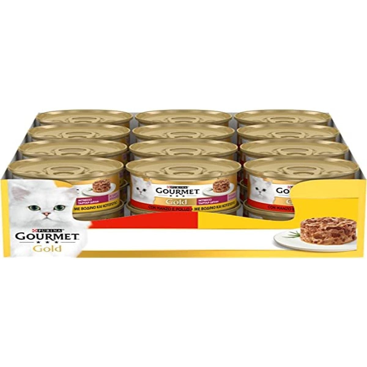 Purina Gourmet di Gusto Natvoer voor katten, goudkleurig, met kip en rundvlecht, 24 blikjes à 85 g – Gourmet