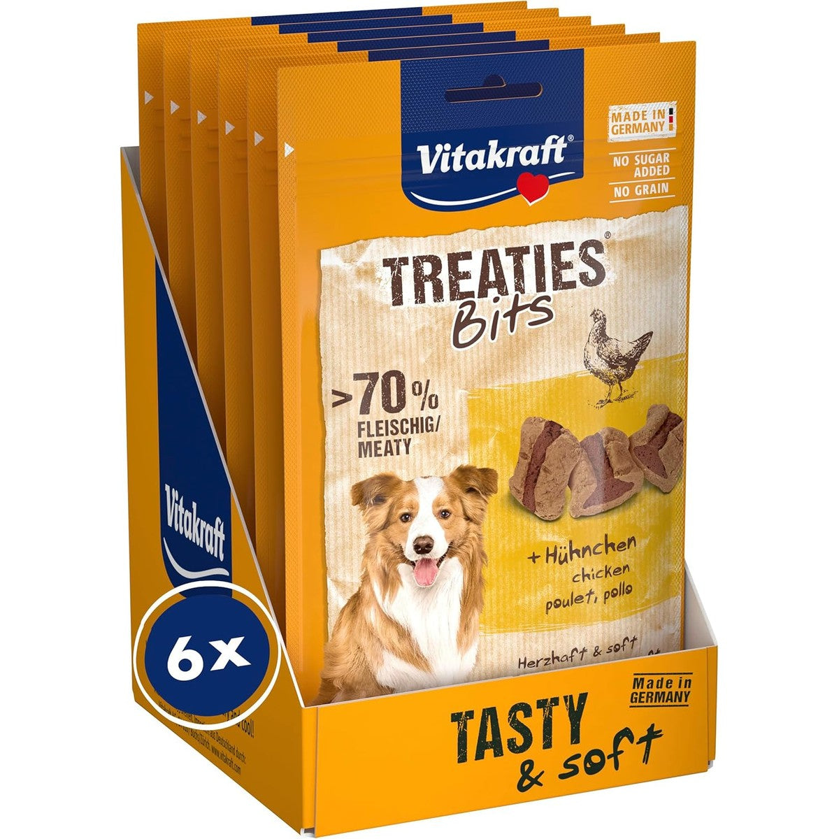 Vitakraft Treaties Bits, hondensnack, zachte hondensnack gevuld met kip, hondentrainingslekkernijen, graanvrij en zonder toevoeging van suiker (6 x 120 g) – Vitakraft