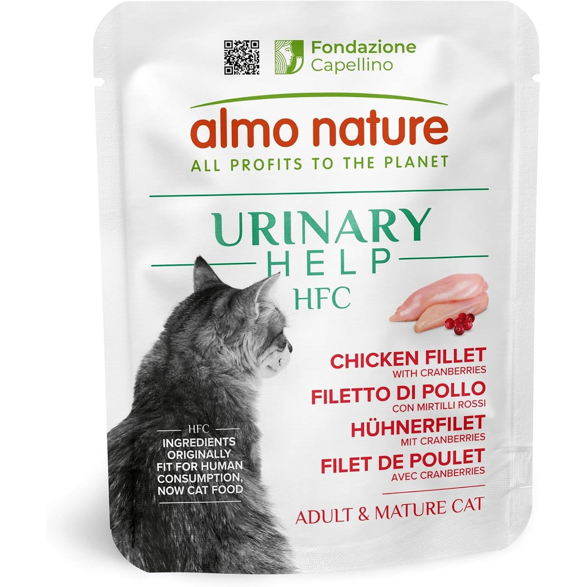 Almo Nature HFC Urinary Help Natvoer voor katten, ondersteuning voor de urinewegen, kippenfilet en veenbessen, Human Grade, monoproteïne, glutenvrij, 24 x 50 g – almo nature