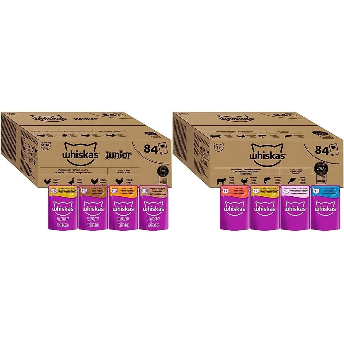 Whiskas Junior Natvoer voor katten, gevogelte, keuze uit gelei, 84 portiezakken, 84 x 85 g (1 grote verpakking) & Adult 1+ natvoer voor katten, gemengde selectie in gelei – whiskas
