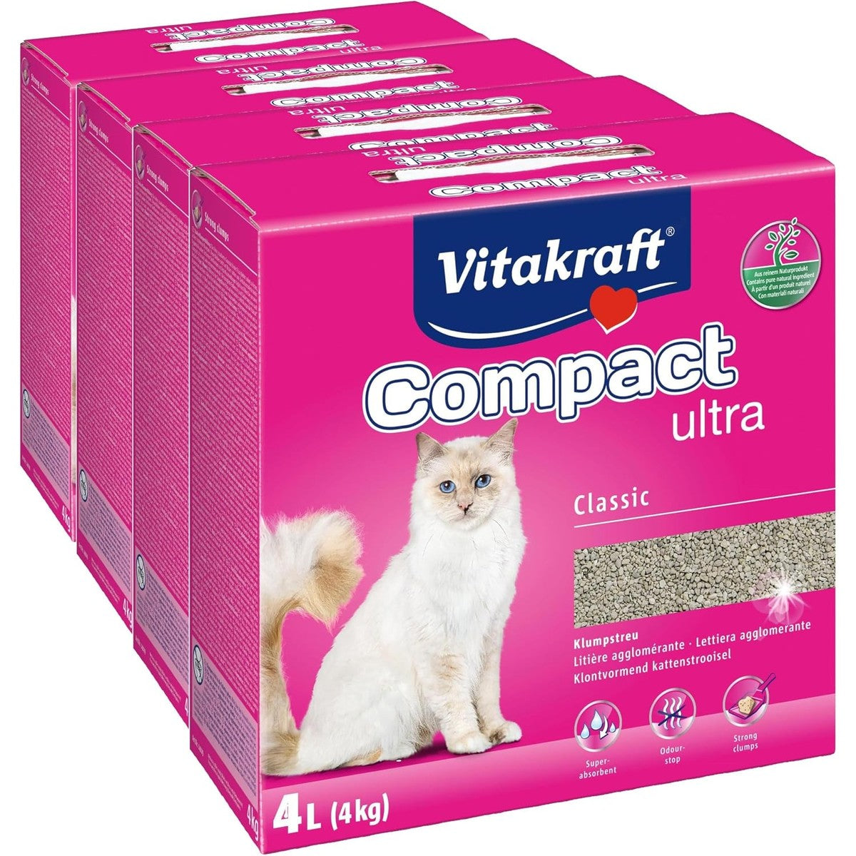 Vitakraft Compact Ultra, kattenbakvulling, klonterend strooisel, schoon en eenvoudig te verwijderen (1 x 4 kg) (verpakking van 4) – Vitakraft