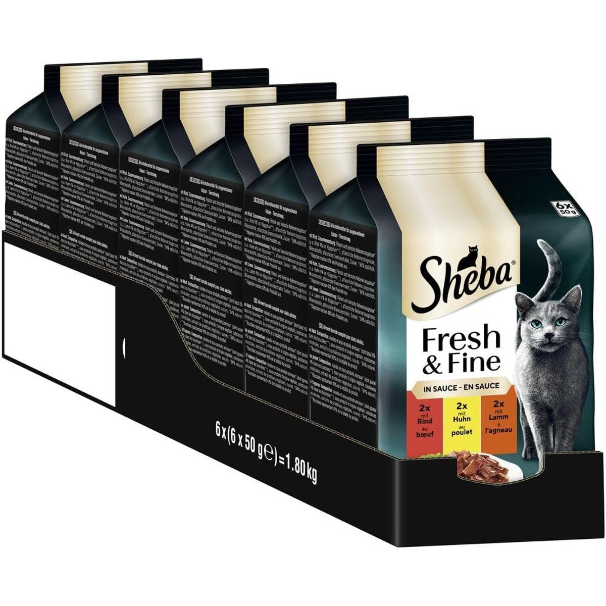 SHEBA Portiezakjes nat kattenvoer Multipack Fresh & Fine in saus met rundvlees en kip, 6 x 6 x 50 g - premium kattenvoer in saus, ideaal voor je kat – Sheba