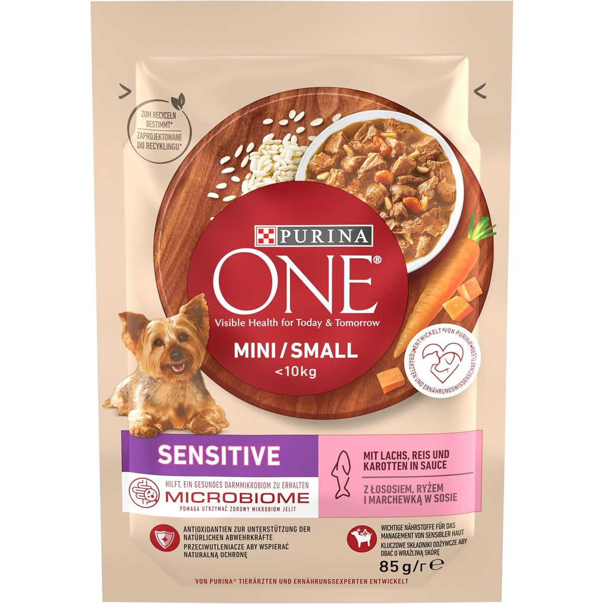 PURINA ONE Mini/Small Sensitive voor kleine honden, rijk aan zalm, 26 x 85 g | Hondenvoer nat, rijk aan zalm en rijst – PURINA ONE