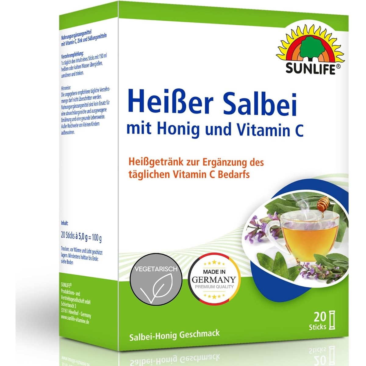 SUNLIFE Warme salie met honing en vitamine C, 1 x 20 poedersticks, saliehoning-drankpoeder, voedingssupplement ter ondersteuning van het immuunsysteem, warme drank met salie-extract – Sunlife