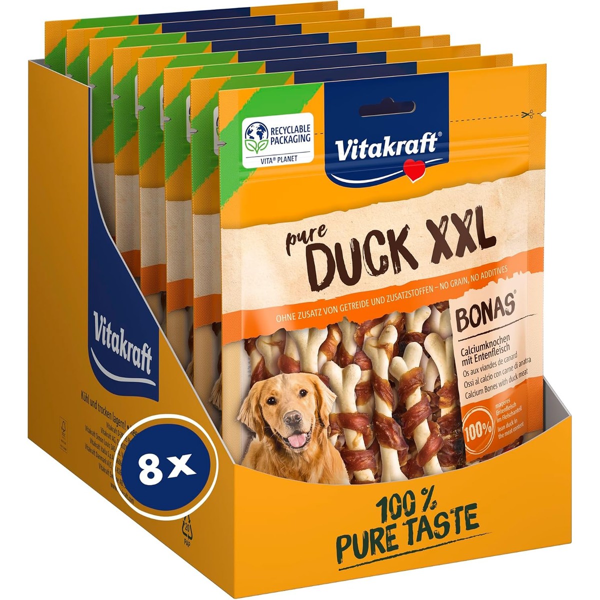 Vitakraft Pure Duck XXL Bonas, hondenlekkernijen, calciumbotten met eendenvlees, hondentraining, zonder toevoeging van suiker (8 x 200 g) – Vitakraft