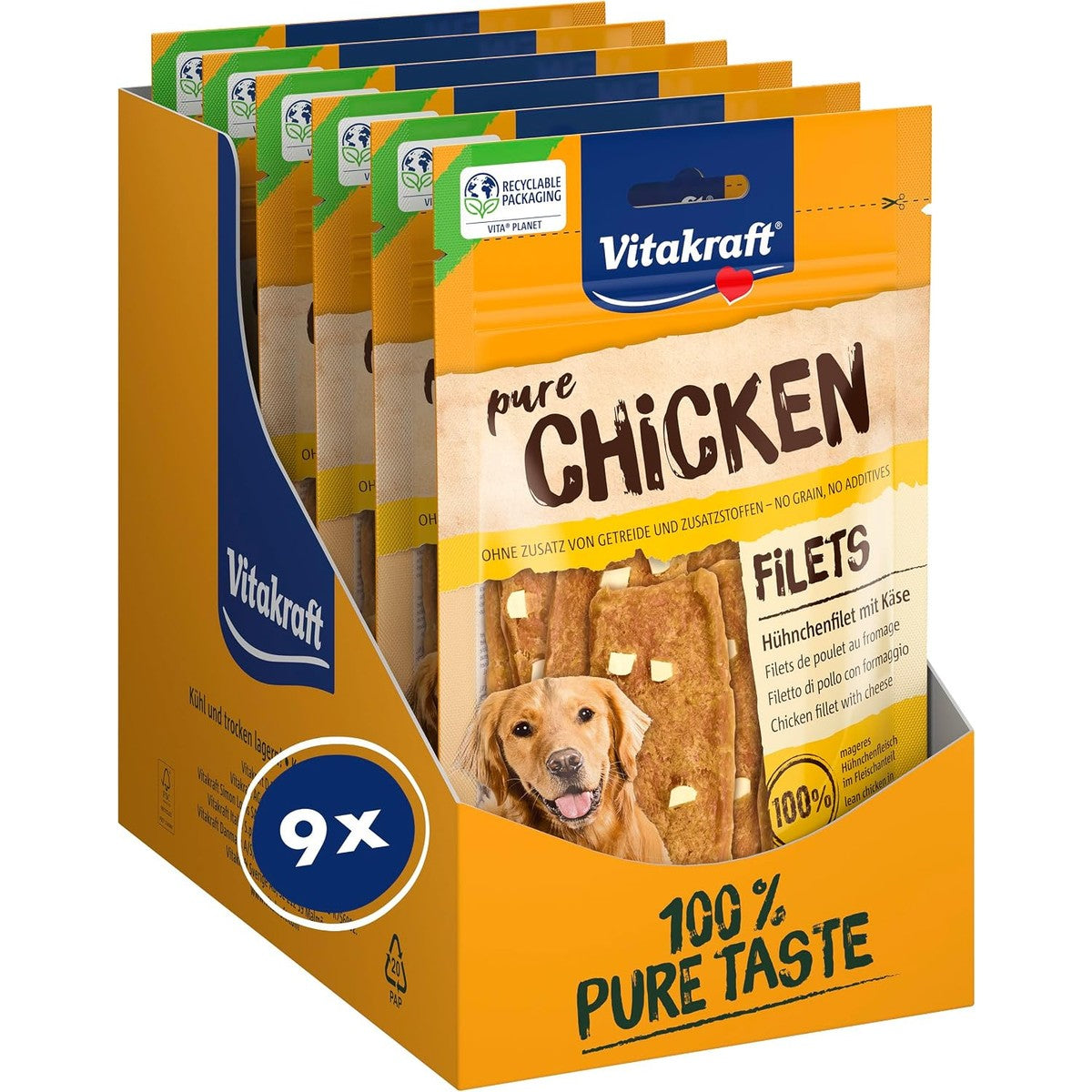 Vitakraft Pure Chicken Filets, hondenlekkernijen, kippenfilet met kaas, hondentraining, zonder toevoeging van suiker (9 x 80 g) – Vitakraft