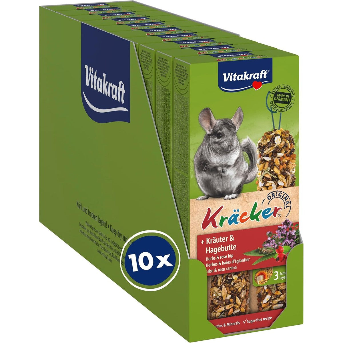 Vitakraft Kruiden, knabbelstokjes, knaagdiersnack, voor chinchilla's, tandverzorging, met kruiden, met rozenbottel, zonder toegevoegde suiker en granen (10 x 112 g) – Vitakraft