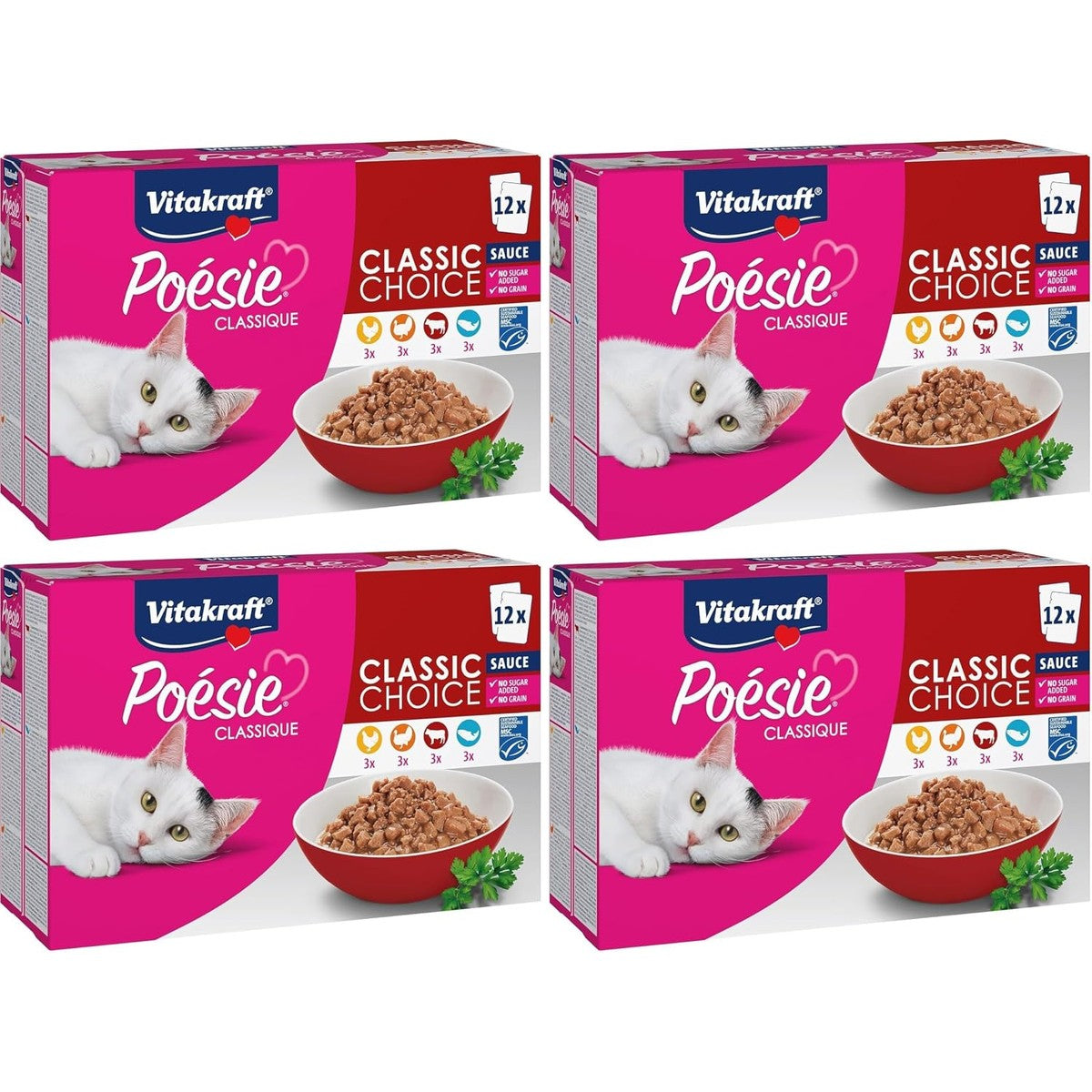 Vitakraft Poésie Classique Natvoer voor katten, multipack met kip, kalkoen en rundvlees, met zalm met MSC-zegel, zonder toegevoegde suiker en granen, voorraadgrootte (1 pakket van 12 x 85 g) – Vitakraft