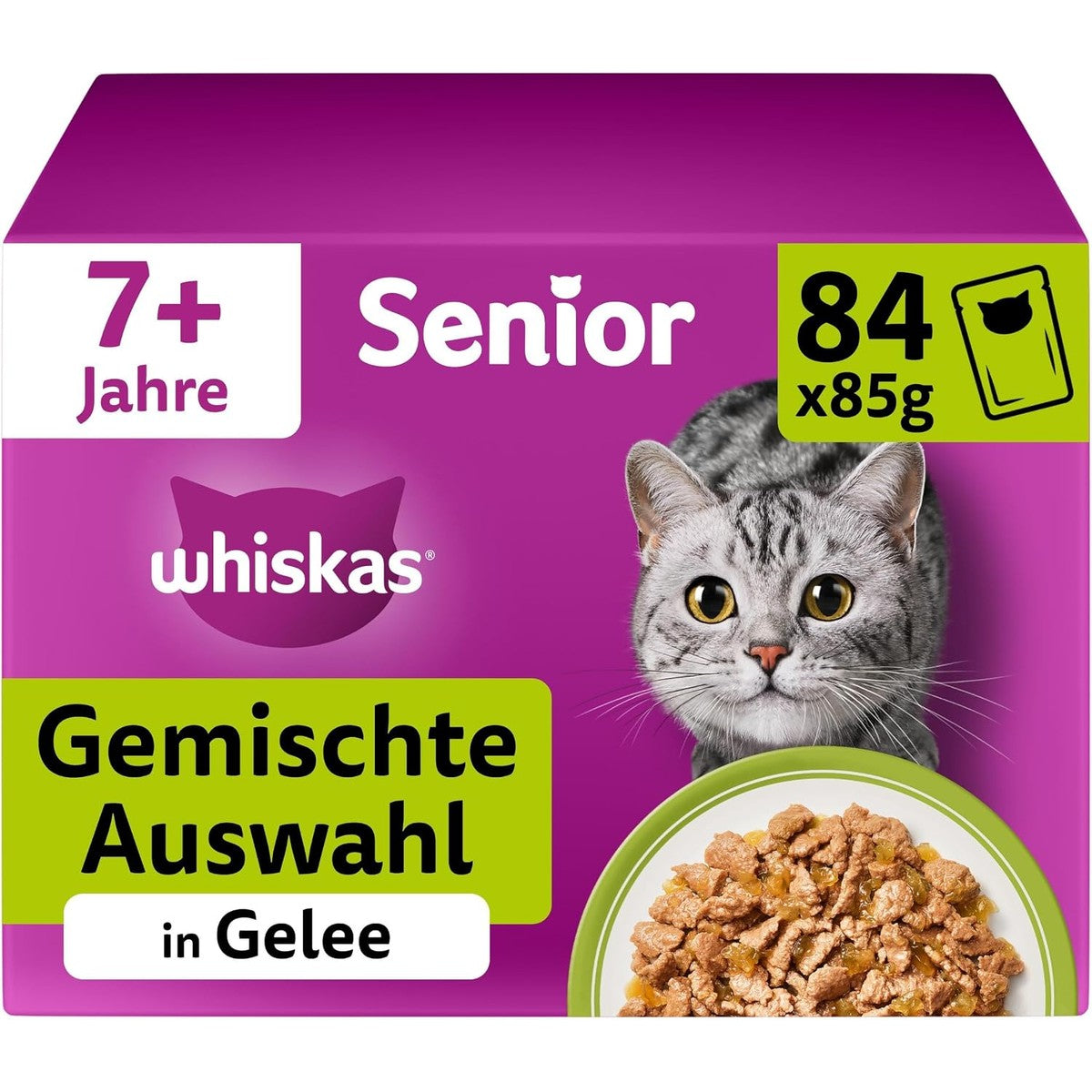 Whiskas Senior 7+ natvoer voor katten, gemengde selectie in gelei, 84 portiezakken, 84 x 85 g (1 grote verpakking), hoogwaardig nat kattenvoer, voor katten vanaf 7 jaar en ouder – whiskas
