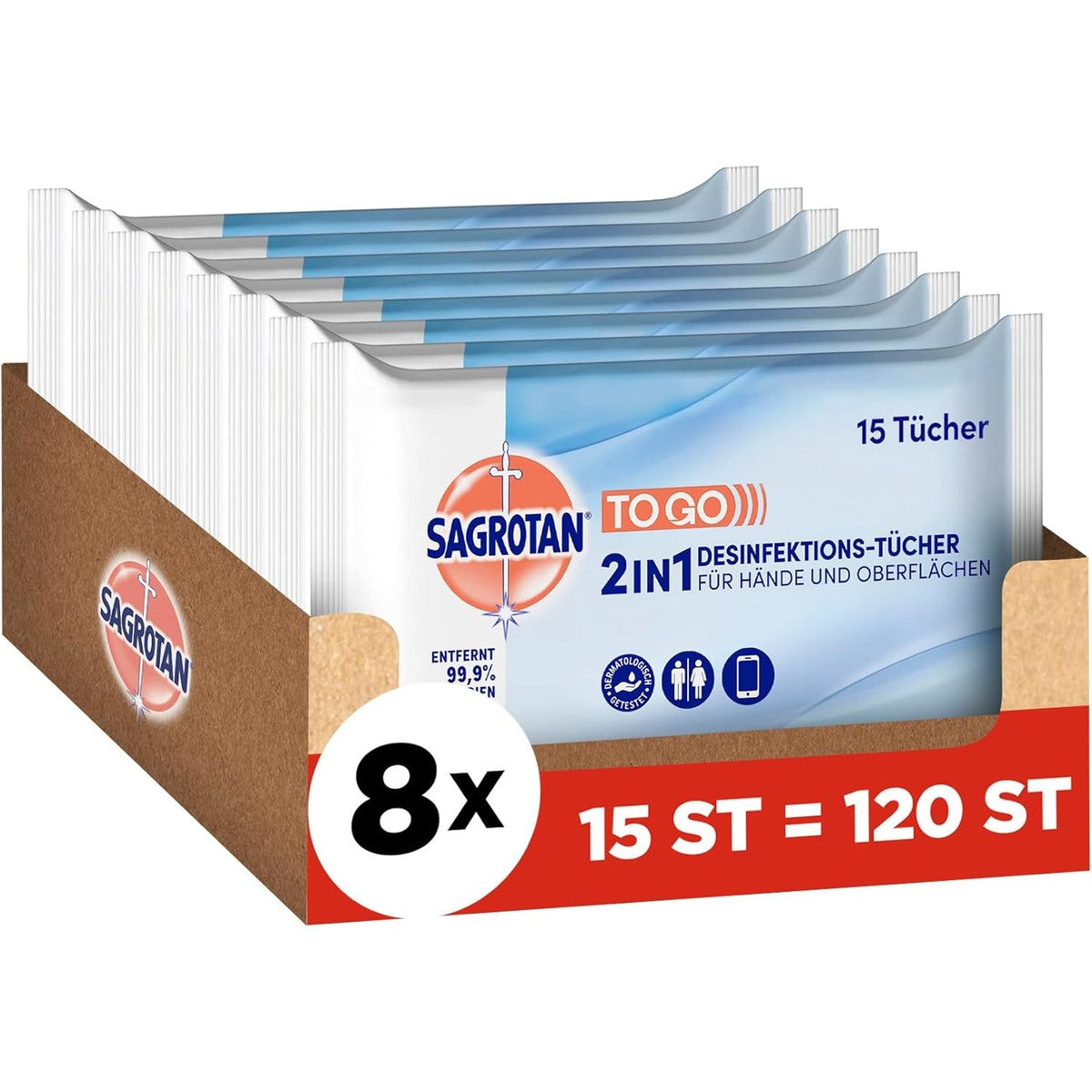 Sagrotan 2-in-1 desinfectiedoekjes, 8 x 15 vochtige doekjes – Sagrotan