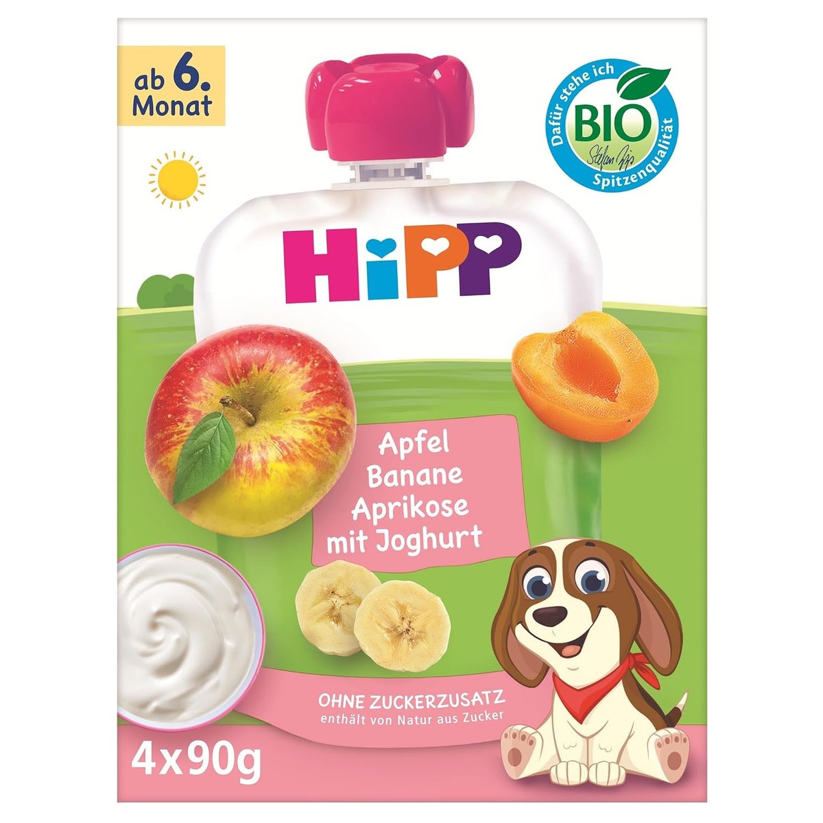 HiPP Biologische vruchten & yoghurt appel banaan abrikoos 4x 90g – HiPP