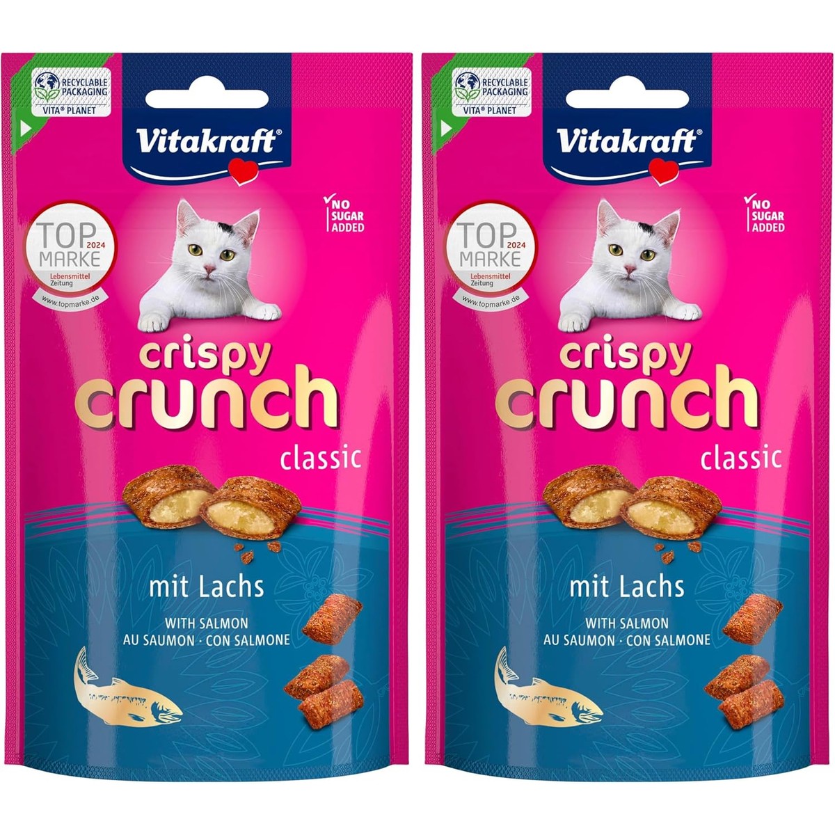 Vitakraft Crispy Crunch, knapperig snackkussen gevuld met zalm, kattensnack, suikervrij (1 x 60 g) (verpakking van 2) – Vitakraft
