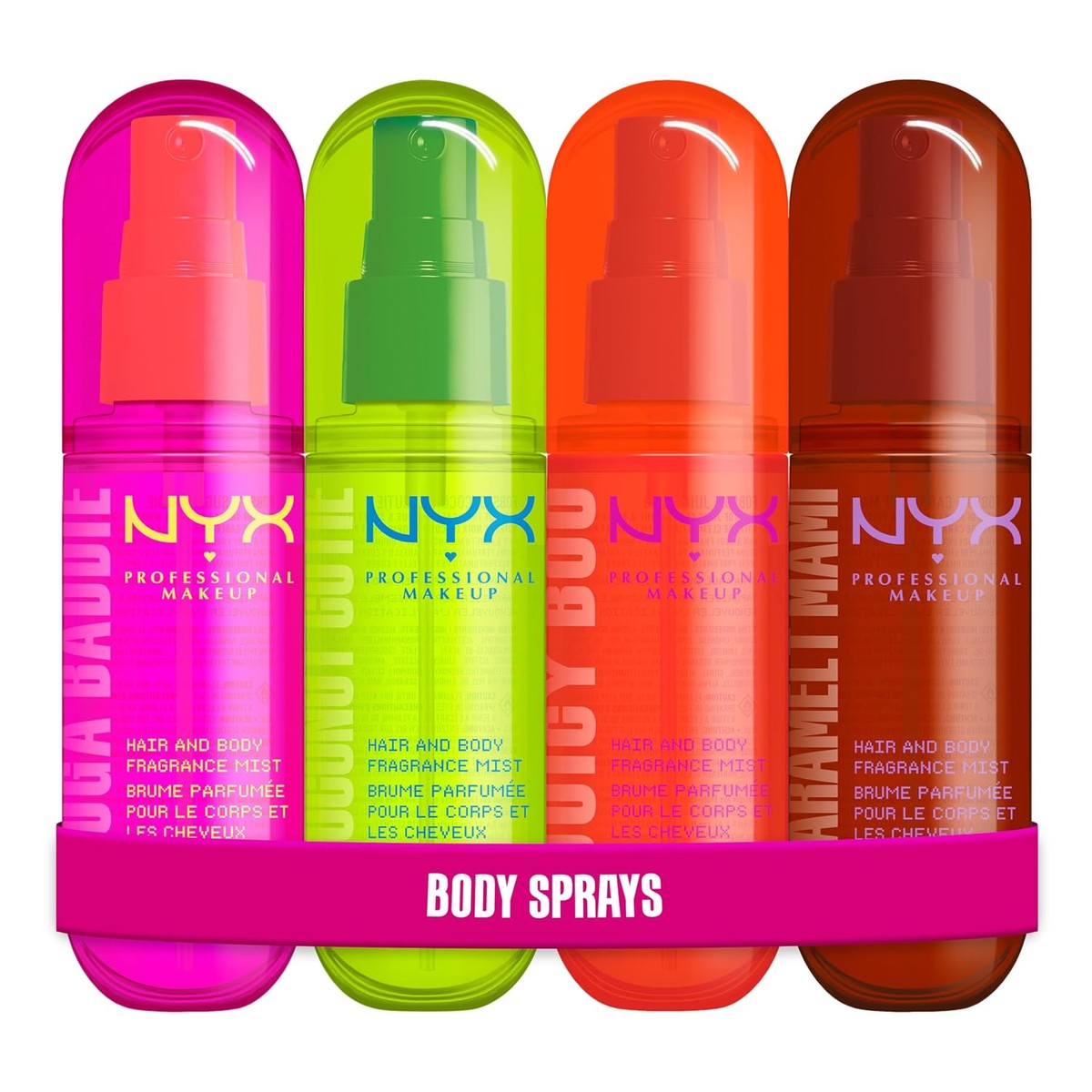 NYX Professional Makeup Set: Fat Oil Hair & Body Fragrance Mist Suga Baddie + Coconut Cutie + Juicy Boo + Caramel Mami, langdurige geuren, ideaal voor gelaagdheid, veganistisch – NYX PROFESSIONAL MAKEUP
