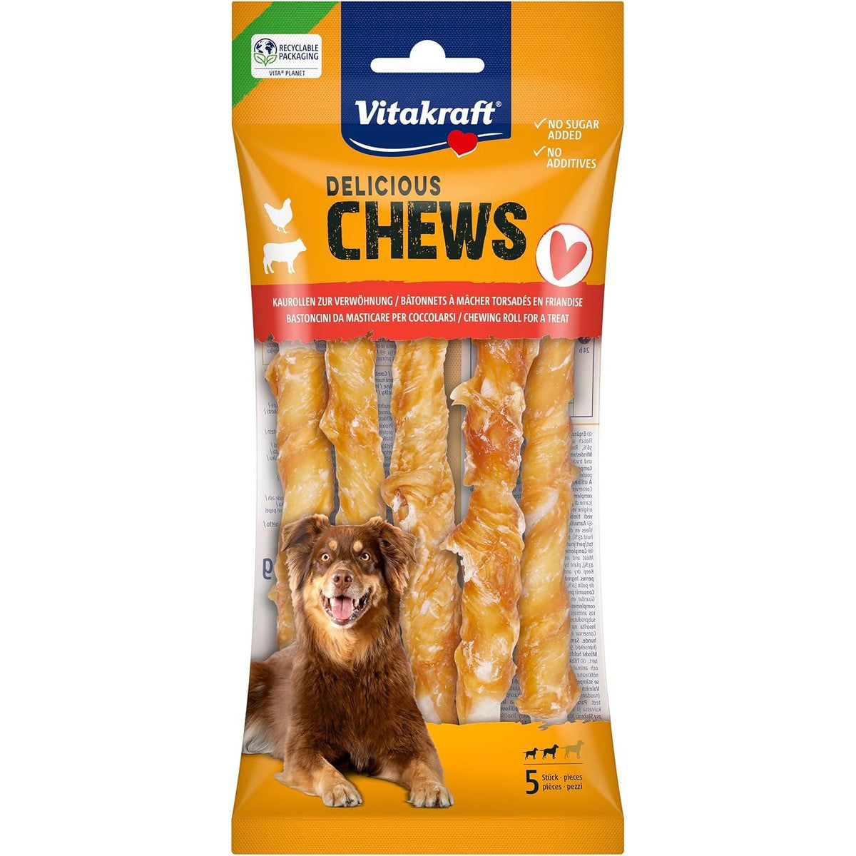 Vitakraft Chews, hondensnack, kauwrol voor beloning, van gedroogde runderhuid, omwikkeld met mager kippenvlees, vetarm, voor middelgrote honden (1 x 5 stuks) – Vitakraft