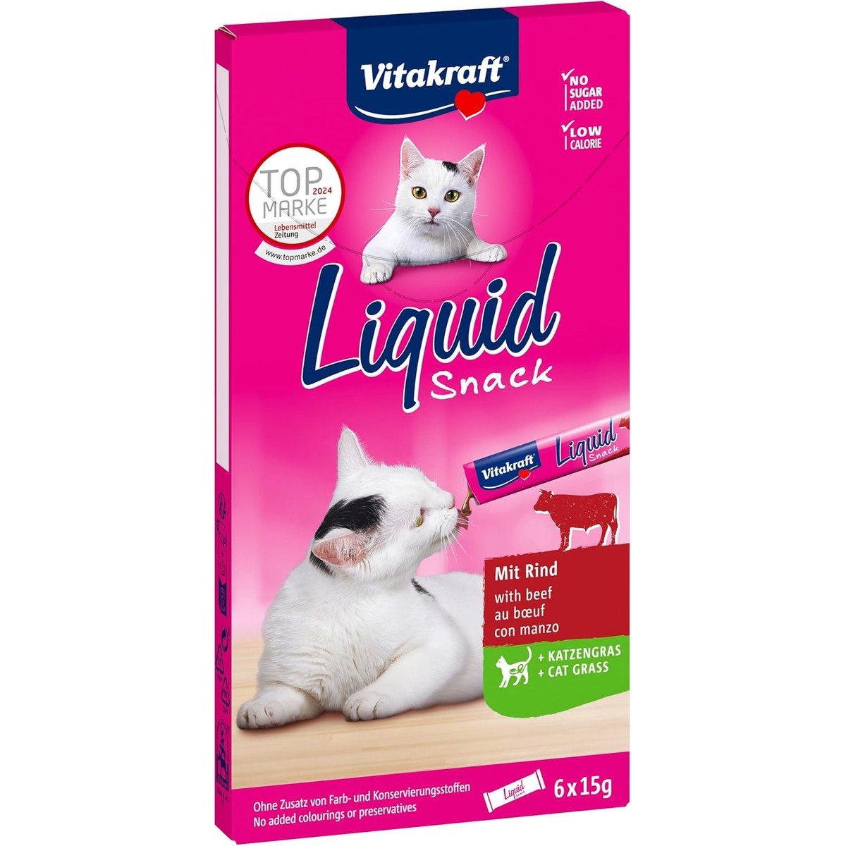 Vitakraft kattensnack - vloeibare snack met rundvlees + kattengras, 6 x 15 g – Vitakraft
