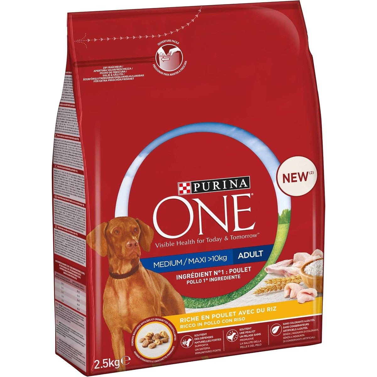 PURINA ONE Medium Maxi droogvoer voor volwassenen, honden met kip en rijst, 4 zakken à 2,5 kg – PURINA ONE
