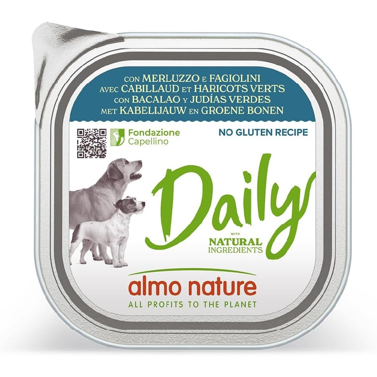 Almo Nature Daily Natvoer voor volwassenen, honden met kabeljauw en tuinbonen, aluminium schaal, 300 g – almo nature