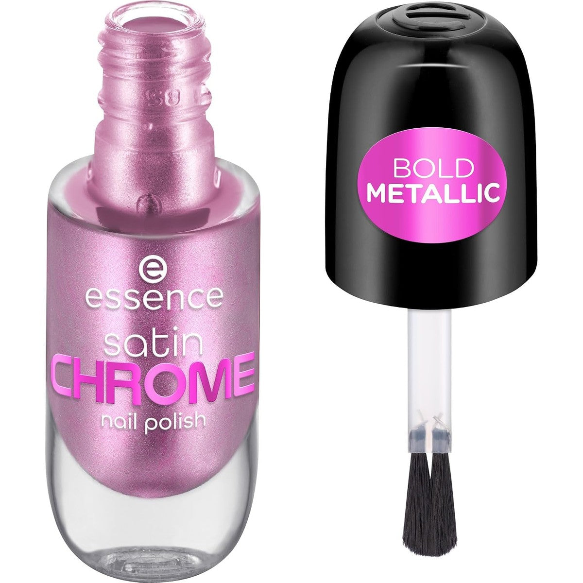 essence satin CHROME nagellak, nr. 02, roze, dekkend, expressief resultaat, sterk gepigmenteerd, metallic, veganistisch, zonder microplastic deeltjes, zonder parfum, zonder parabenen, per stuk verpakt | Nagellak, sterk gepigmenteerd – Essence Cosmetics
