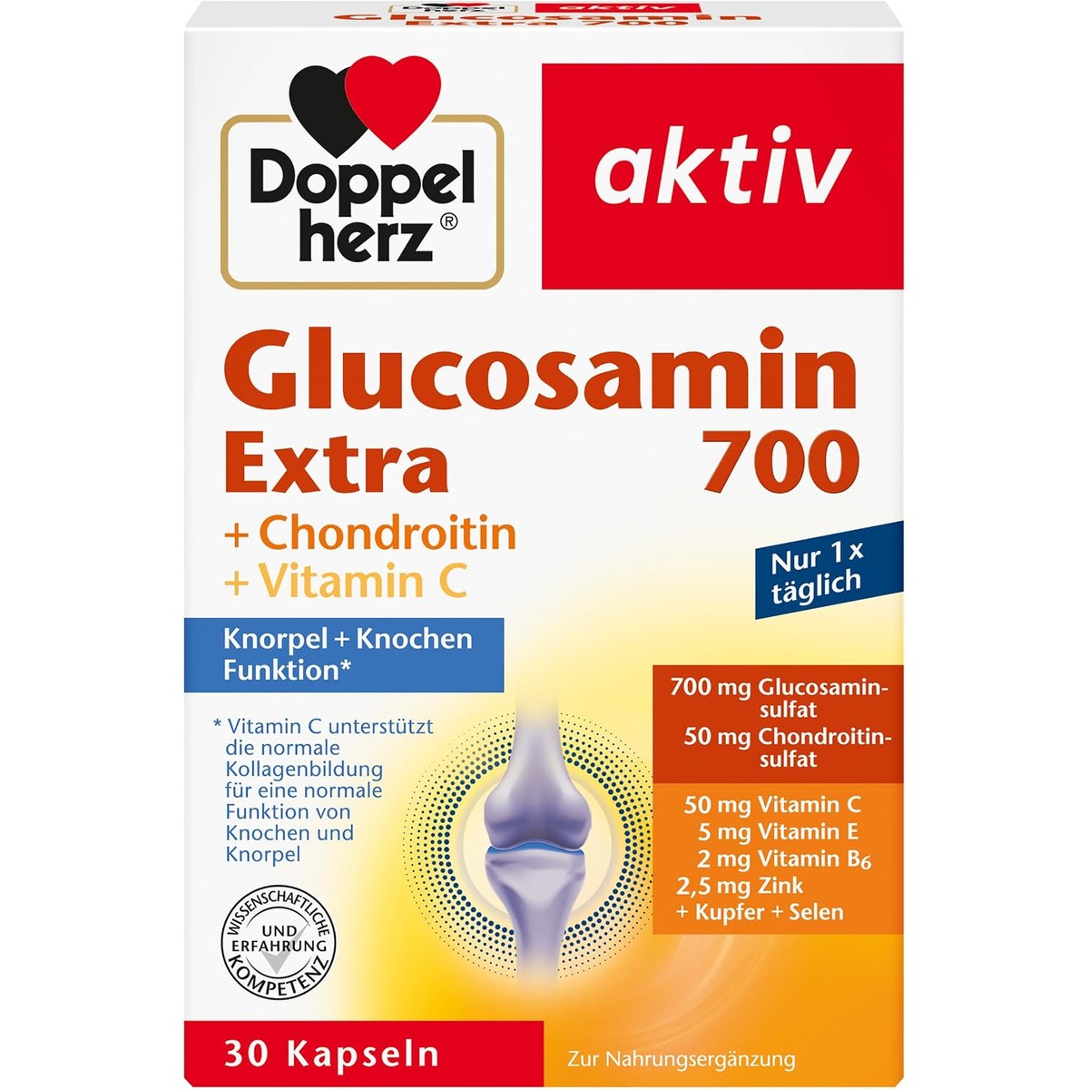 Doppelherz Glucosamine 700 Extra met chondroïtine - Bevat vitamine C voor de normale functie van kraakbeen en bot - 1 x 30 capsules – Doppelherz