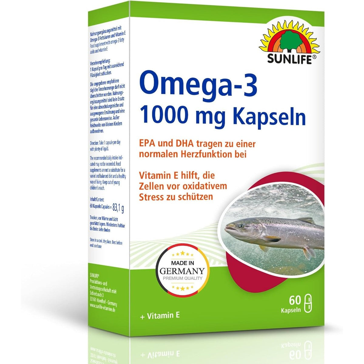 SUNLIFE Omega 3 capsules, hoge dosering, 1 x 60 stuks, 1000 mg premium visolie, voedingssupplement voor hart, hersenen en gezichtsvermogen, vitamine E voor celbescherming, glutenvrij en lactosevrij – Sunlife