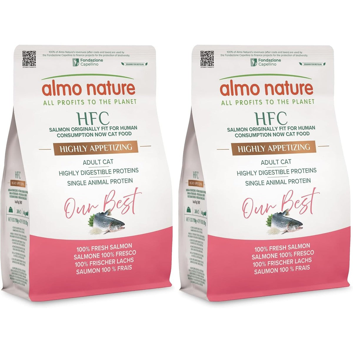 Almo Nature HFC Our Best - Highly Appetizing Droogvoer voor katten, verse zalm, levensmiddelenkwaliteit, glutenvrij, monoproteïne, zeer smakelijk, 300 g (verpakking van 2) – almo nature