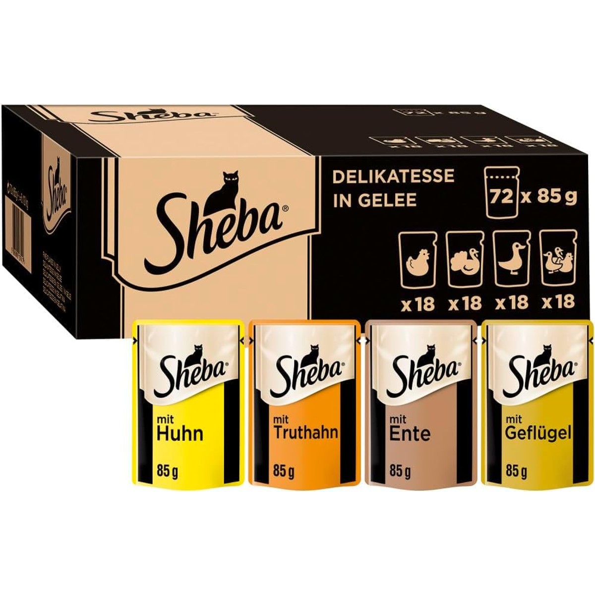 Sheba-delicatesse in gelei, nat kattenvoer met een fijne selectie gevogelte, 72 x 85 g – Sheba