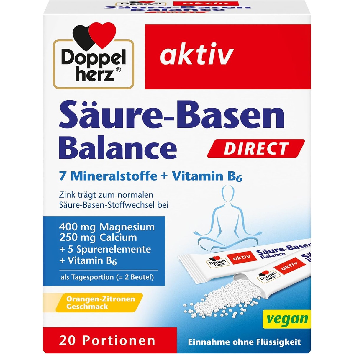 Doppelherz Zuur-base Balance Direct - met 7 mineralen en vitamine B6-20 porties micropellets met sinaasappel- en citroensmaak – Doppelherz