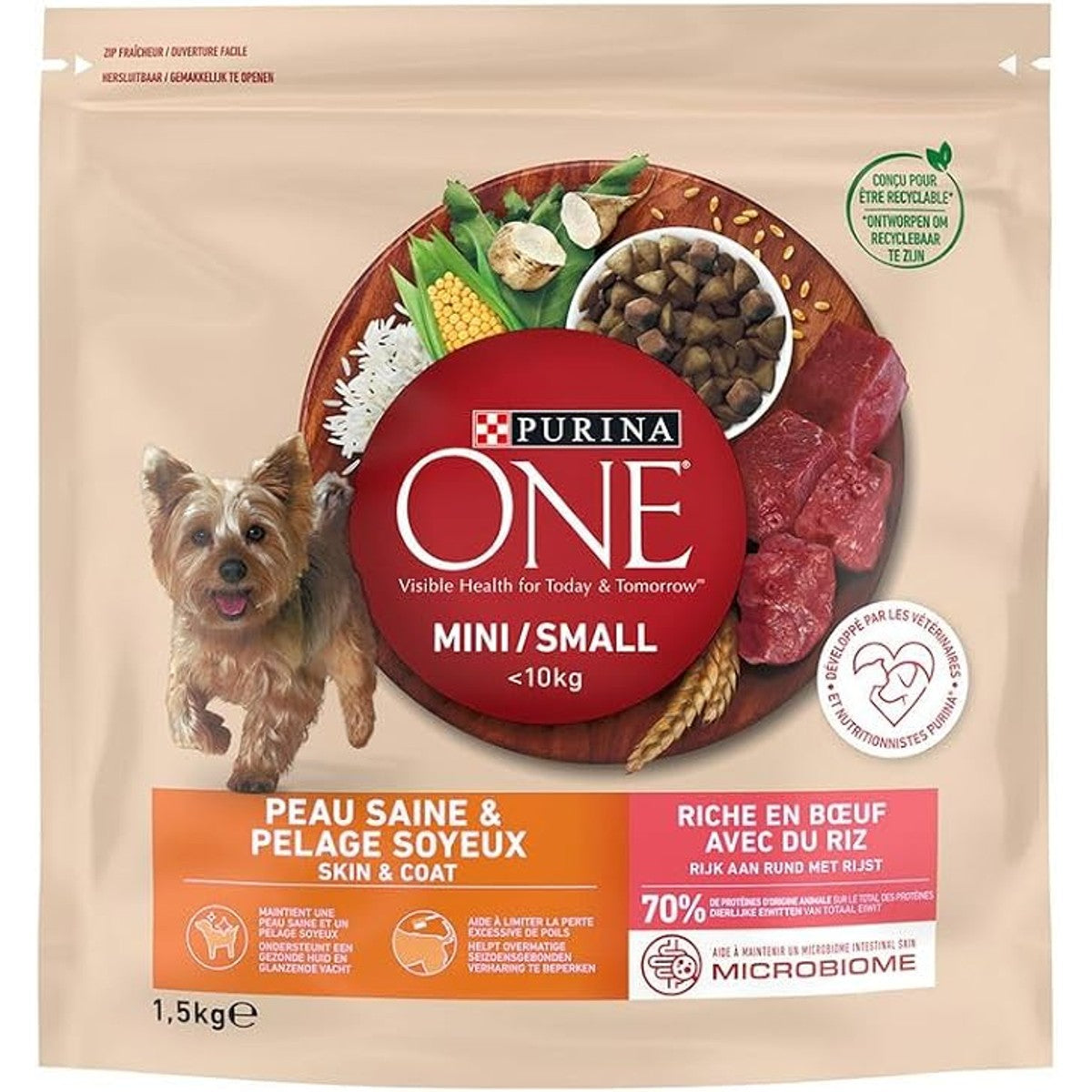 PURINA ONE Mini/Small <10 kg | droogvoer voor kleine en volwassen honden, gezonde huid & zijdeachtige vacht, rijk aan rundvlees met rijst, 1,5 kg – PURINA ONE