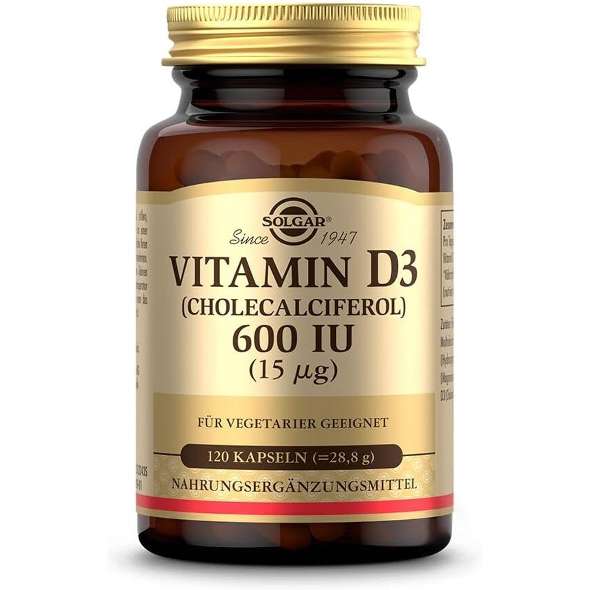 SOLGAR® Vitamine D3 600 IU | 15 μg cholecalciferol | Voor het immuunsysteem, de botten en spieren | 120 vegetarische capsules – SOLGAR