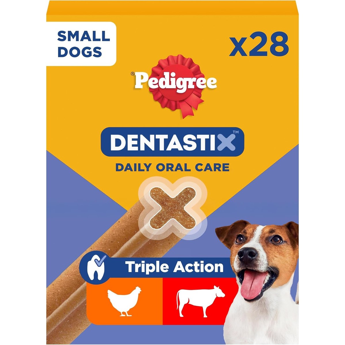Pedigree DentaStix Hondensnack voor kleine honden (5-10 kg), tandverzorgingssnack met kip en rundvlees, 4 verpakkingen van elk 28 stuks (4 x 440 g) – Pedigree