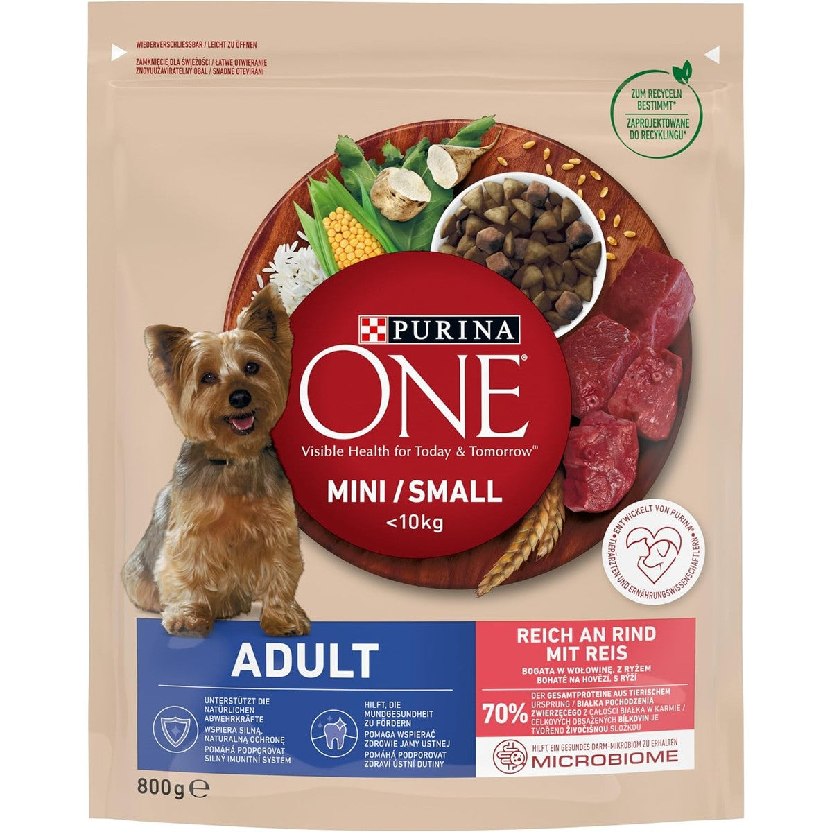 PURINA ONE Mini/Small Adult voor kleine honden, rijk aan rundvlees, 8 x 800 g | Droogvoer voor kleine honden, rijk aan rundvlees en rijst – PURINA ONE