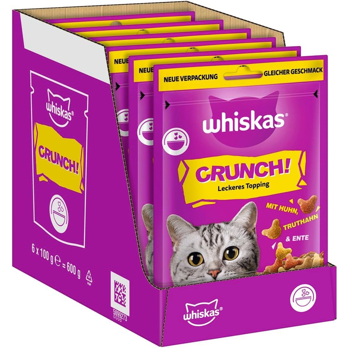 WHISKAS Crunch Kattensnacks, kip, kalkoen en eend, 6 x 100 g, lekkere snacks met kip, kalkoen en eend – whiskas