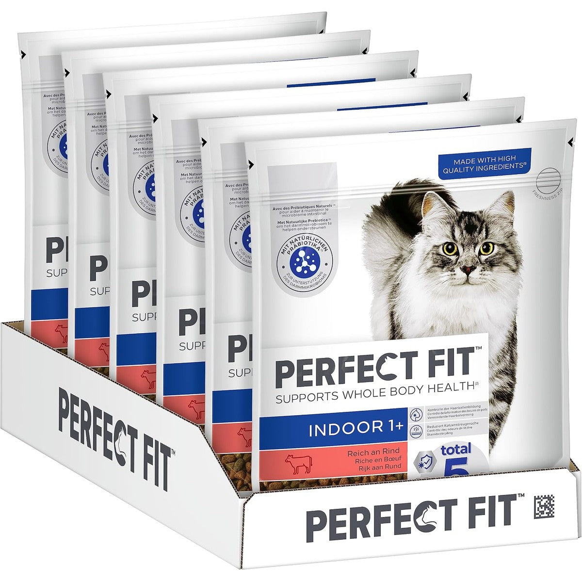 PERFECT FIT Indoor Adult droogvoer voor volwassen katten vanaf 1 jaar - rundvlees, 750 g (6 zakken) – Perfect Fit