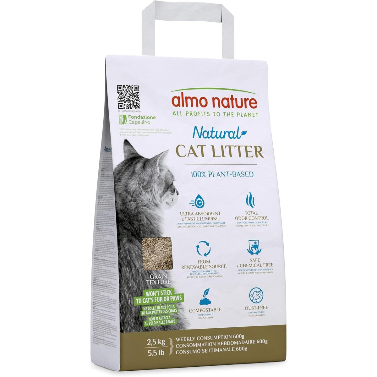 almo nature Cat Litter Grain Textuur, 100% natuurlijke kattenbakvulling voor katten en kittens, klonterend, absorberend, biologisch afbreekbaar en composteerbaar, ideaal voor kortharige en langharige – almo nature