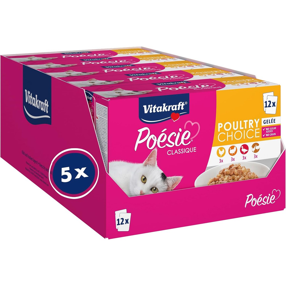 Vitakraft Poésie Classique, Natvoer voor katten, kattenvoer gelei, met kip, met kalkoen, met gevogelte, met eend, zonder toevoeging van suiker en granen (5 verpakkingen van 12 x 85 g) – Vitakraft