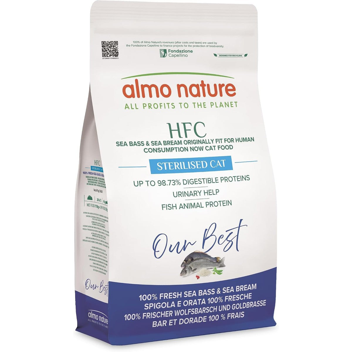 Almo Nature HFC Our Best - Adult Gesteriliseerd - Droogvoer voor gesteriliseerde katten - zeebaars & zeebrasem - Voor gewichtscontrole, levensmiddelenkwaliteit, glutenvrij - 1,2 kg – almo nature