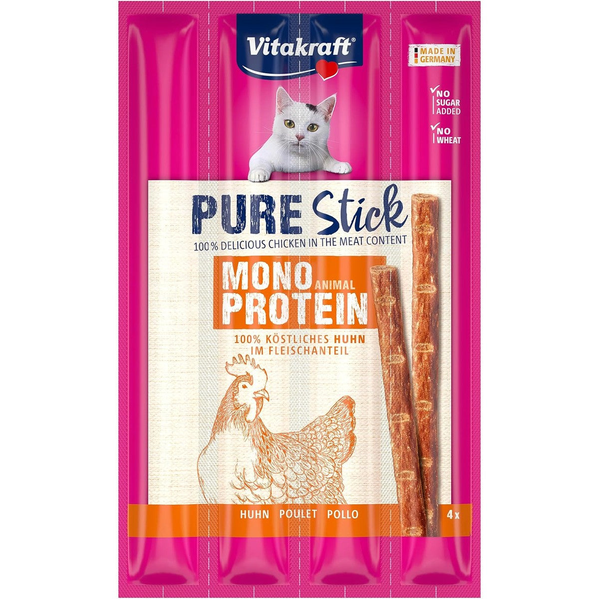 Vitakraft Pure Stick, kattenlekkernijen, vlezige stick met kip, enkele sticks, ook voor voedingsgevoelige katten, zonder toegevoegde suiker (1 x 20 g) – Vitakraft