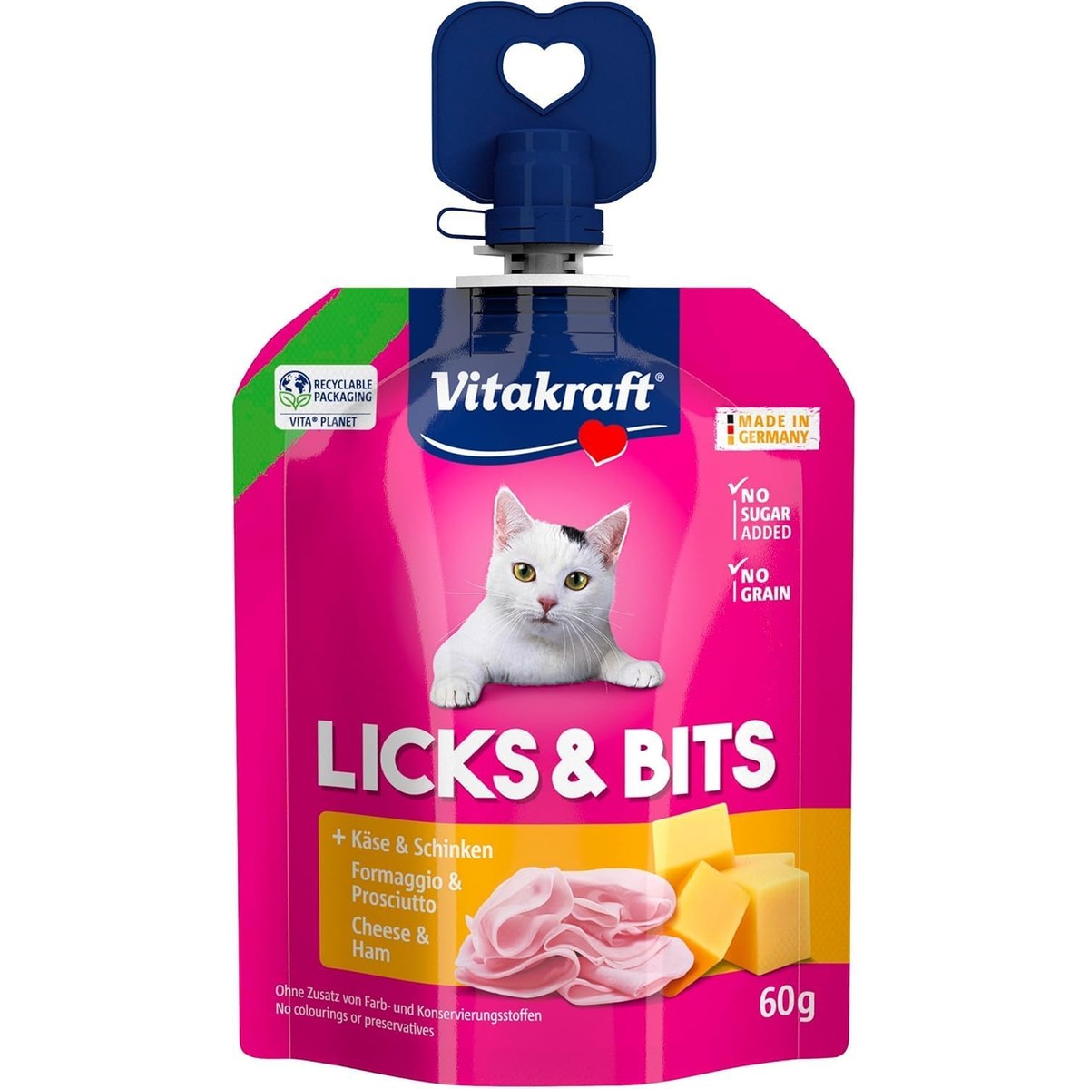 Vitakraft Licks & Bits, zachte crème met stukjes in knijpvorm, met kaas, hersluitbaar, zonder toegevoegde suiker (1 x 60 g) – Vitakraft