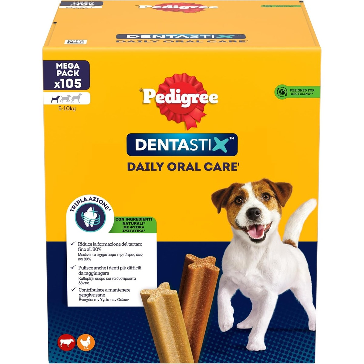 Pedigree Dentastix Snacks voor mondhygiëne (kleine hond 5-10 kg), 110 g, 105 stuks - 15 verpakkingen van 7 stuks (105 stuks in totaal) – Pedigree