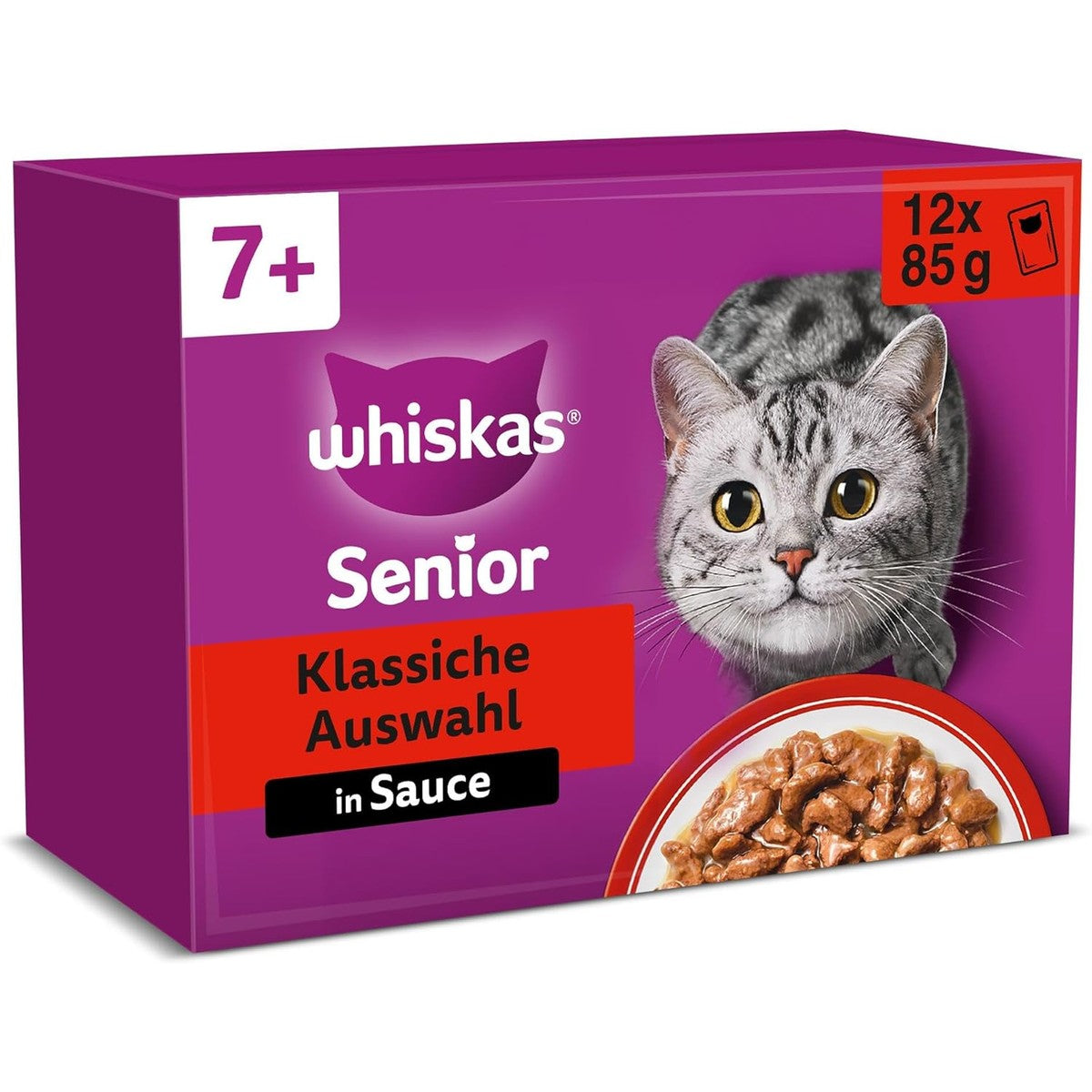 Whiskas 7+ Kattenvoer, klassieke keuze in saus, 12 x 85 g (4 verpakkingen) – hoogwaardig nat voer vanaf 7 jaar in 48 portiezakjes – whiskas