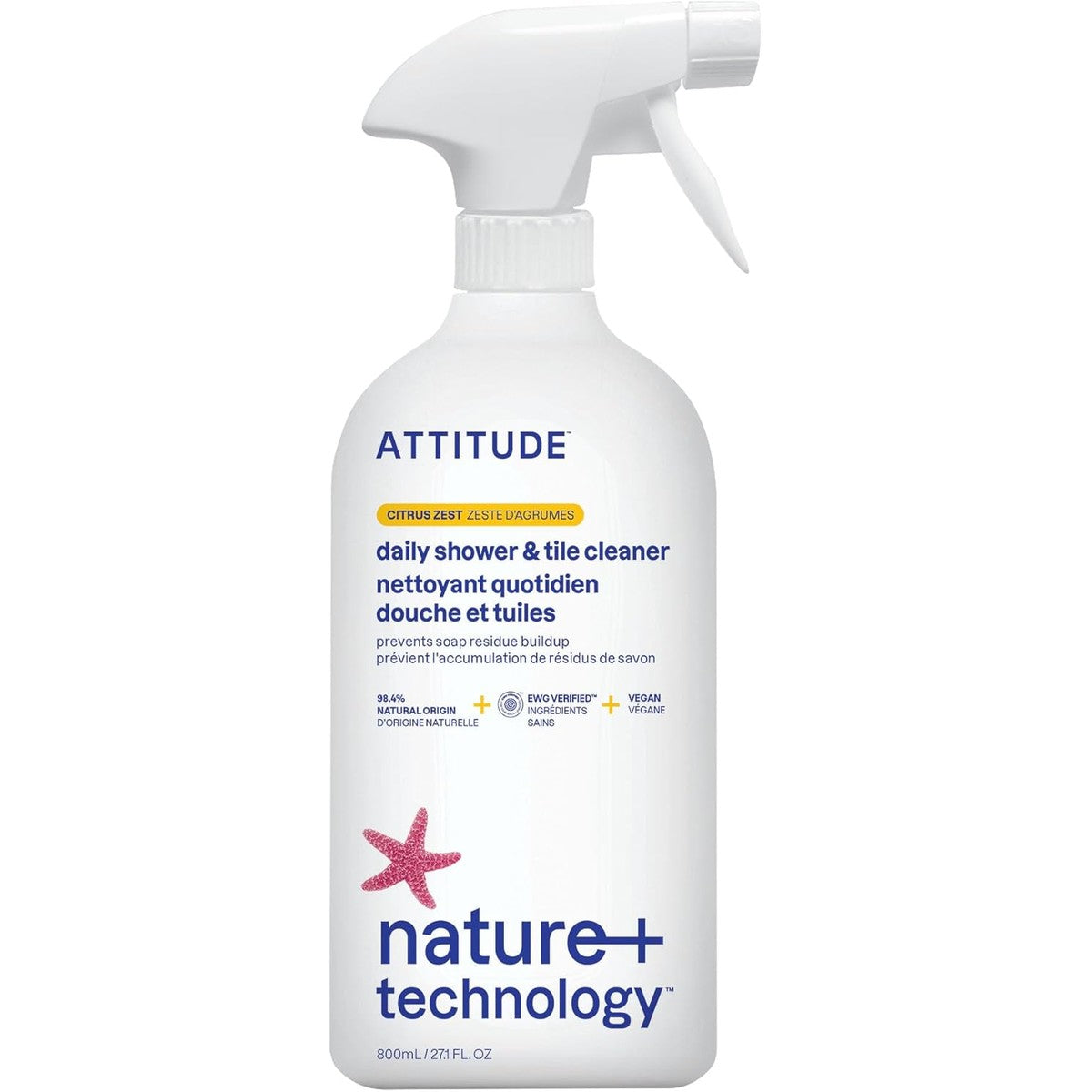 ATTITUDE Daily Shower and Tile Cleaner, EWG Verified, Plant- and Mineral-Based Ingredients, Vegan Household Cleaning Products, Citrus Zest, 800 mL – ATTITUDE