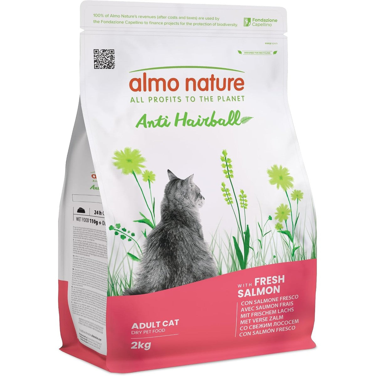 Almo Nature Anti-hairball - droogvoer voor katten met verse zalm, met plantaardige vezelstofmix ter voorkoming van haarballen, zak van 2 kg – almo nature