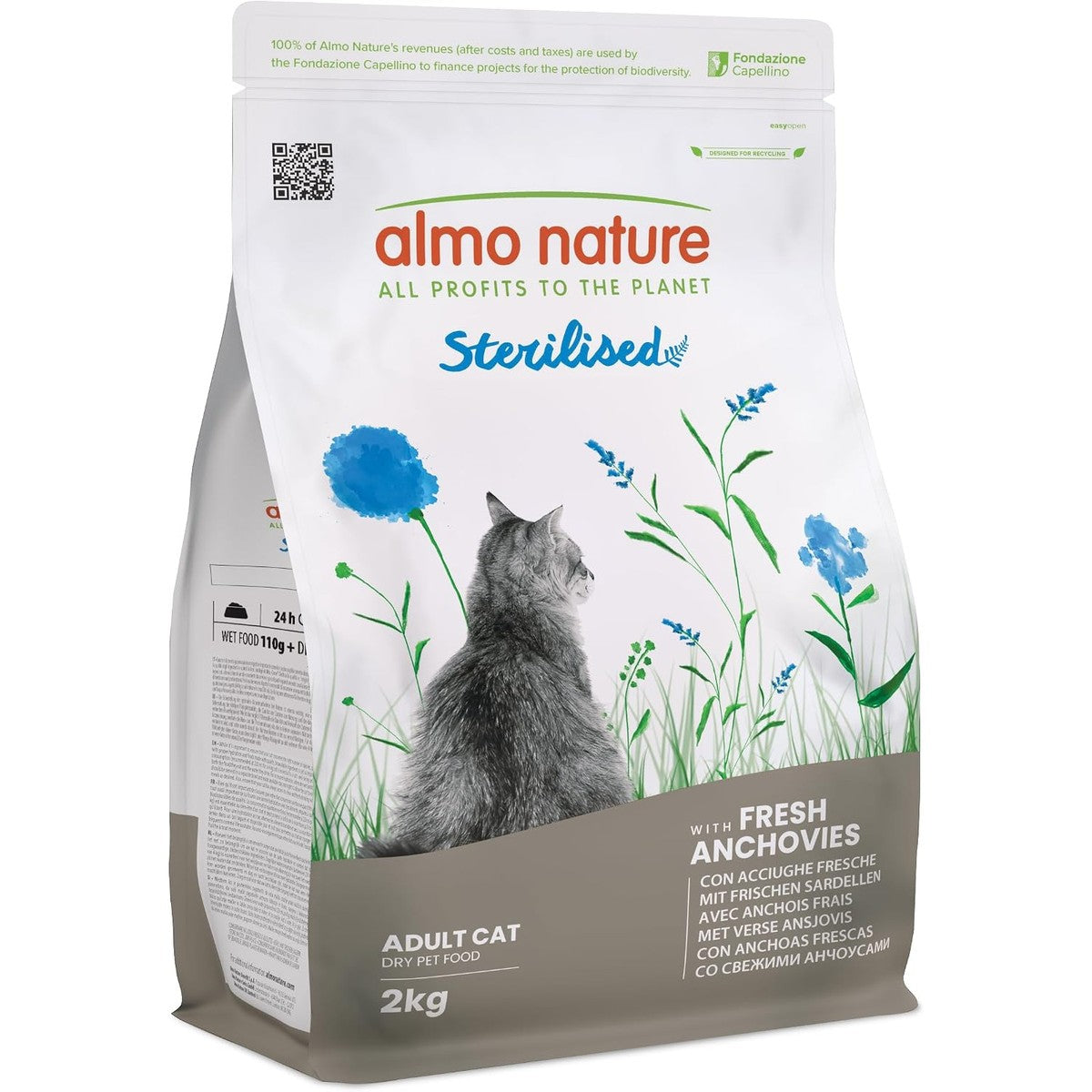 Almo Nature Sterilised Droogvoer voor gesteriliseerde katten met verse ansjovis, met laag magnesiumgehalte en vezels voor gewichtsbeheersing, zak van 2 kg – almo nature