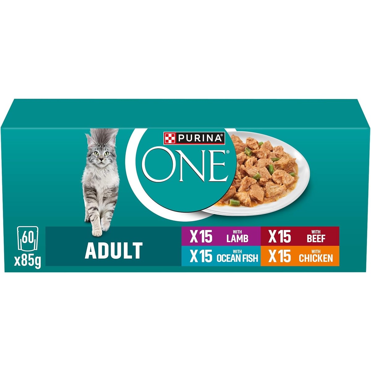 Purina One Adult rassenmix kattenvoer nat met kip, rundvlees, lam en hoogzeevis in saus, voor meer vitaliteit, verpakking van 60 stuks (60 x 85 g) – PURINA ONE