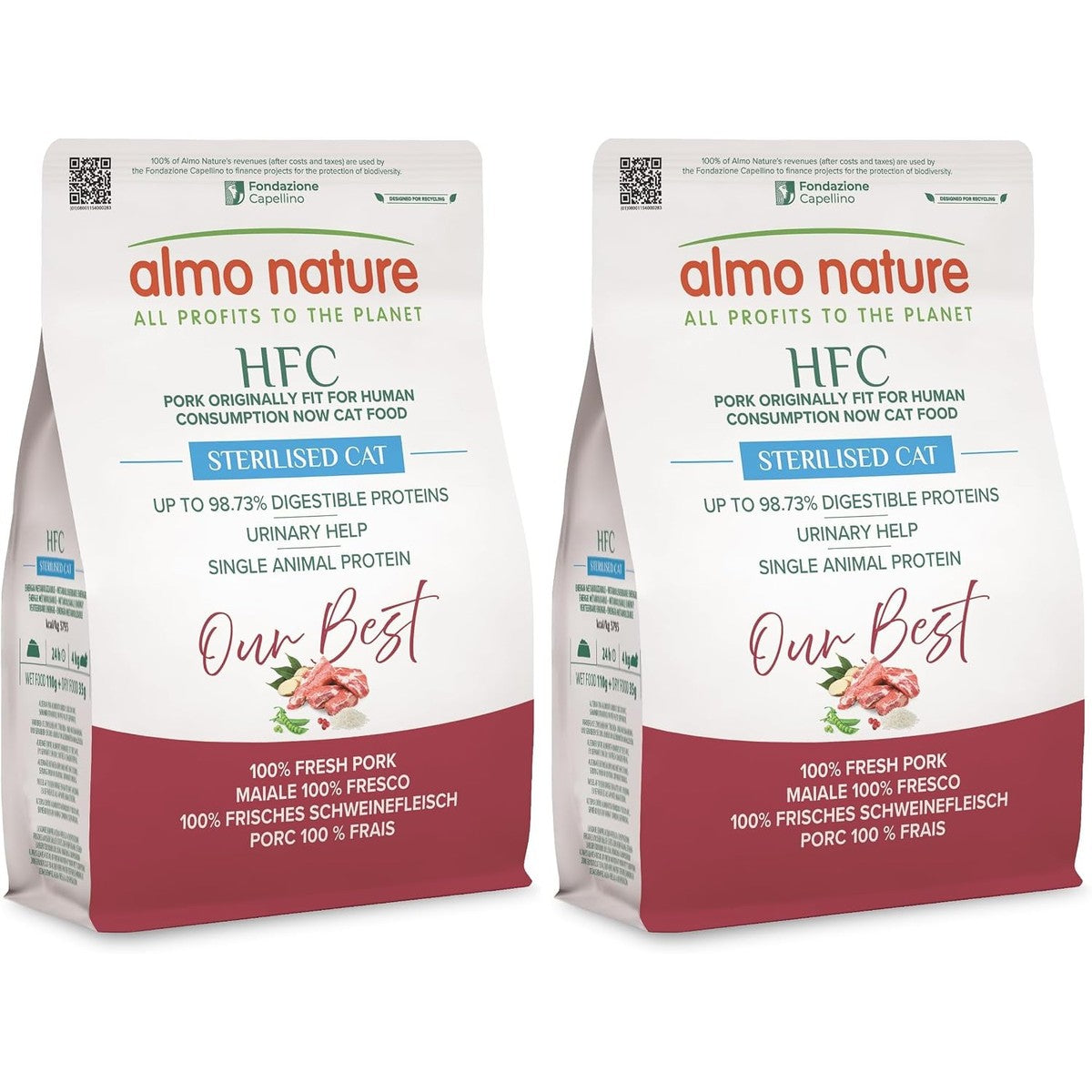 Almo Nature HFC Our Best Adult Sterilised, droogvoer voor gesteriliseerde katten, vers varken, voor gewichtscontrole, levensmiddelenkwaliteit, glutenvrij, monoproteïne, 300 g (verpakking van 2) – almo nature